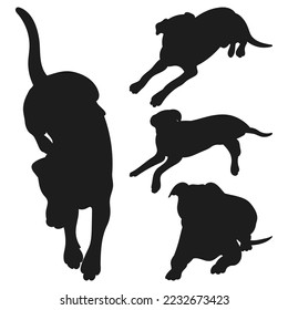 Set of black silhouettes of dogs lying, lie position, pack of shapes and figures of pets hand drawn, isolated vector