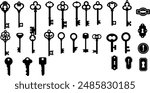 Set of black silhouettes of door keys. Key icon set. Vintage key antique door key isolated on white background