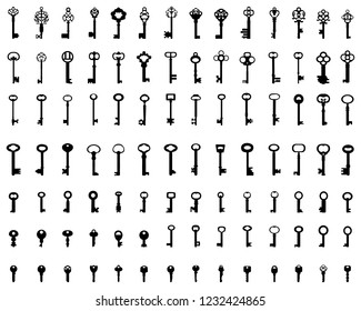 Set of black silhouettes of door keys, vector