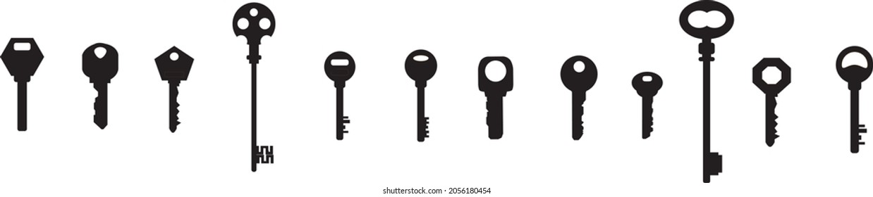 Set of black silhouettes of door keys. Key icon set.Vintage key antique door key isolated on white background. Keys and padlock silhouette. Vector illustration