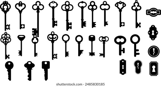 Set of black silhouettes of door keys. Key icon set. Vintage key antique door key isolated on white background