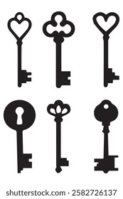 Set of Black Silhouettes of Door Keys Vintage and Antique Key Icons