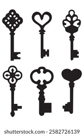 Set of Black Silhouettes of Door Keys Vintage and Antique Key Icons