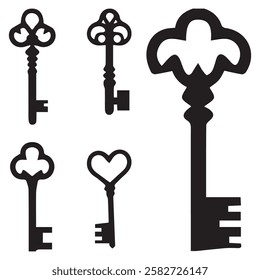 Set of Black Silhouettes of Door Keys Vintage and Antique Key Icons