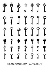 Set of black silhouettes of door keys, vector