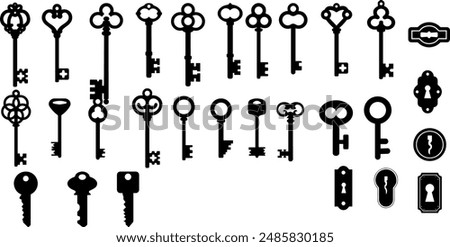 Set of black silhouettes of door keys. Key icon set. Vintage key antique door key isolated on white background