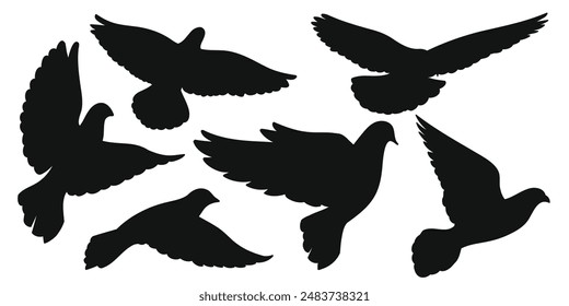 Set of black silhouettes of doves in flight.