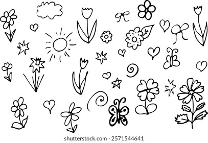 Set of black silhouettes elements of flowers herbs leaves hearts sun stars  Isolated on white background Hand drawn drawing illustration Spring element Doodle style