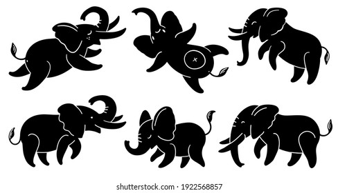 Set of black silhouettes of elephants. Cute cartoon elephants in different poses. Vector illustration isolated on white background.
