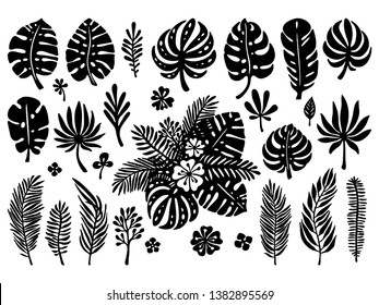 Set of black silhouettes, exotic tropical leaves on a white background. Vector botanical illustration. Great design elements for laser cutting, paper cut, template, stickers and others