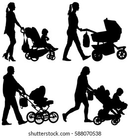 Set black silhouettes Family with pram on white background. Vector illustration