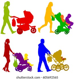Set black silhouettes Family with pram on white background. Vector illustration.