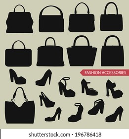 Set of black  silhouettes of fashion women's handbag and high-heeled shoes.Fashion illustration,vector