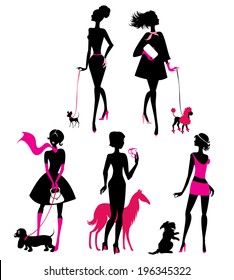 Set of black silhouettes of fashionable girls with their pets - dogs (dachshund, terrier, poodle, chihuahua) on a white background 