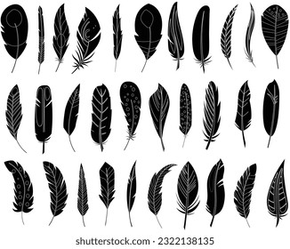 Set of black silhouettes of feathers on white background, vector illustration