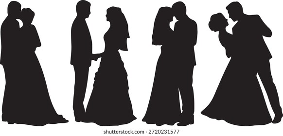 Un conjunto de siluetas negras con novias y novios en atuendo de boda, capturadas en varias poses románticas y ceremoniales para el matrimonio.