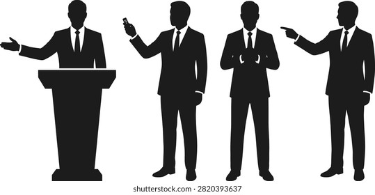 A set of black silhouettes featuring businessmen in suits giving speeches at a podium, holding a presentation clicker, and gesturing during a talk. Perfect for corporate presentation materials, conference banners, public speaking workshops, and leadership event designs.