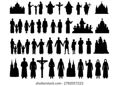 Set of black silhouettes featuring christian figures, churches, and religious crosses