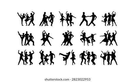Set of black silhouettes featuring couples and groups of people dancing in various poses on a white background