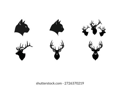 A set of black silhouettes featuring deer and bat profiles in various orientations
