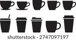 A set of black silhouettes featuring different types of coffee cups and travel mugs on a white background