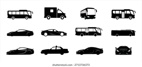 A set of black silhouettes featuring different types of vehicles, including cars, buses, and trucks, against a white background.