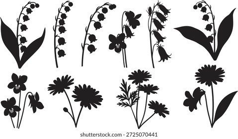 Um conjunto de silhuetas pretas com diferentes tipos de flores e plantas, incluindo lírio do vale, margaridas e outras flores silvestres.