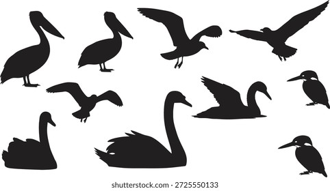 Un conjunto de siluetas negras con diferentes especies de aves como cisnes, pelícanos y pingüinos en varias posturas