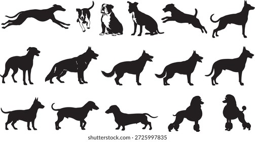 A set of black silhouettes featuring different dog breeds and poses on a white background