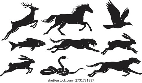 Um conjunto de silhuetas pretas com diferentes animais em movimento sobre um fundo branco