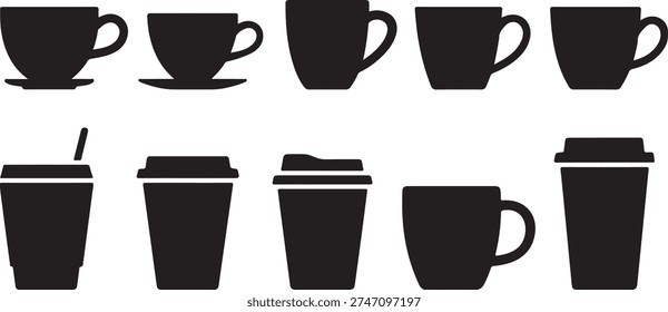 Un conjunto de siluetas negras con diferentes tipos de tazas de café y tazas de viaje sobre un fondo blanco