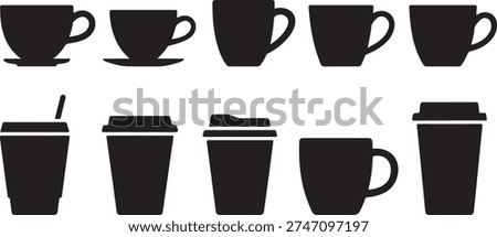 A set of black silhouettes featuring different types of coffee cups and travel mugs on a white background