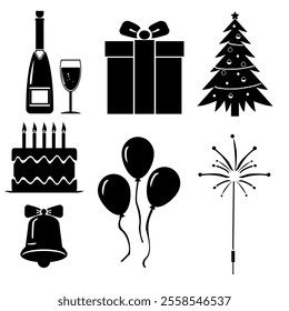 A set of black silhouettes featuring festive elements: champagne bottle with glass, gift box, decorated Christmas tree, birthday cake with candles, bell, balloons, and a firework.