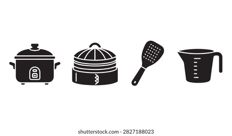 A set of black silhouettes featuring a rice cooker, steamer, spatula, and bowl, representing kitchen tools and appliances in a minimalist style.