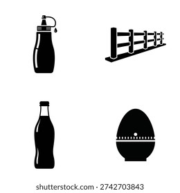 A set of black silhouettes featuring a spray bottle, fence, soda bottle, and egg timer on a white background silhouette