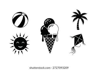 Un conjunto de siluetas negras con iconos de verano que incluyen una pelota de playa, un cono de helado, un sol sonriente, una cometa y una palmera.
