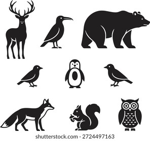 Un conjunto de siluetas negras con varios animales del bosque, incluidos mamíferos y aves, sobre un fondo blanco.