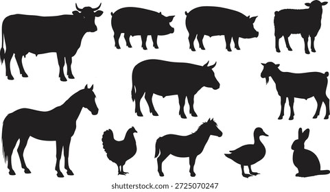 A set of black silhouettes featuring various farm and domesticated animals on a white background