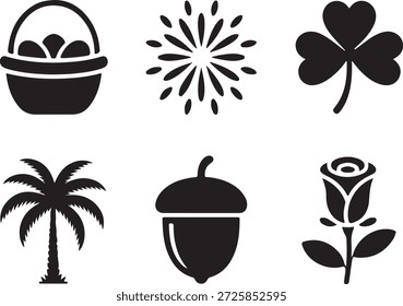 Un conjunto de siluetas negras con varios iconos de la naturaleza y el jardín, incluyendo una canasta, flor, trébol, palmera, bellota y rosa