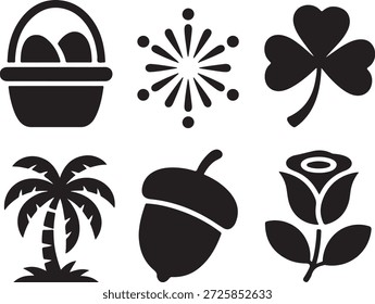 um conjunto de silhuetas pretas com vários ícones da natureza e do objeto em um fundo branco de alta qualidade profissional detalhe moderno elegante