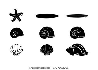 A set of black silhouettes featuring various seashells and a starfish, perfect for summer collection designs