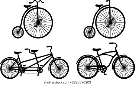 Set of black silhouettes featuring vintage penny farthing bicycles, a tandem bike, and cruiser.eps
