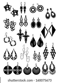 Set of black silhouettes of female earrings isolated on white background