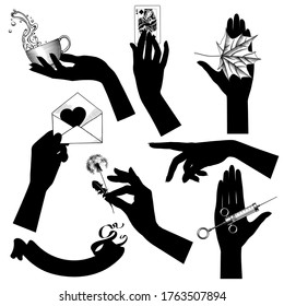 Ensemble de silhouettes noires de mains féminines avec accessoires vintage. Icônes métier rétro. Illustration vectorielle