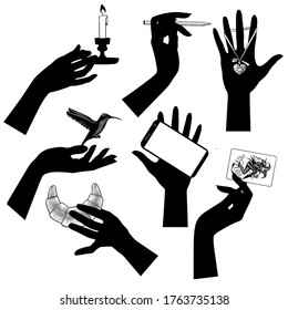 Set of black silhouettes of female hands with vintage accessories. Retro business icons. Vector illustration