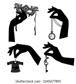 Set of black silhouettes of female hands with vintage accessories. Retro business icons. Vector illustration