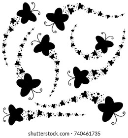 Set of black silhouettes. A flock of abstract cartoon butterflies flying one after another.