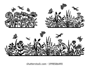 Set of black silhouettes of flower meadow. Flowerbed, field, garden with herbs, plants, leaves, chamomiles, poppies, lavender, insects, butterfly, dragonfly. Spring, summer nature themes. Vector image