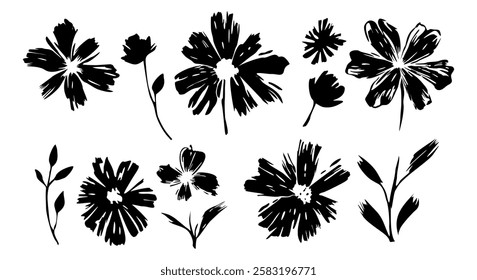 Set of black silhouettes of flowers in brush stroke ink style. Hand drawn vector illustrations clipart isolated on white background