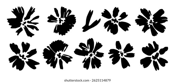 Set of black silhouettes of flowers in brush stroke ink style. Hand drawn vector illustrations clipart isolated on white background